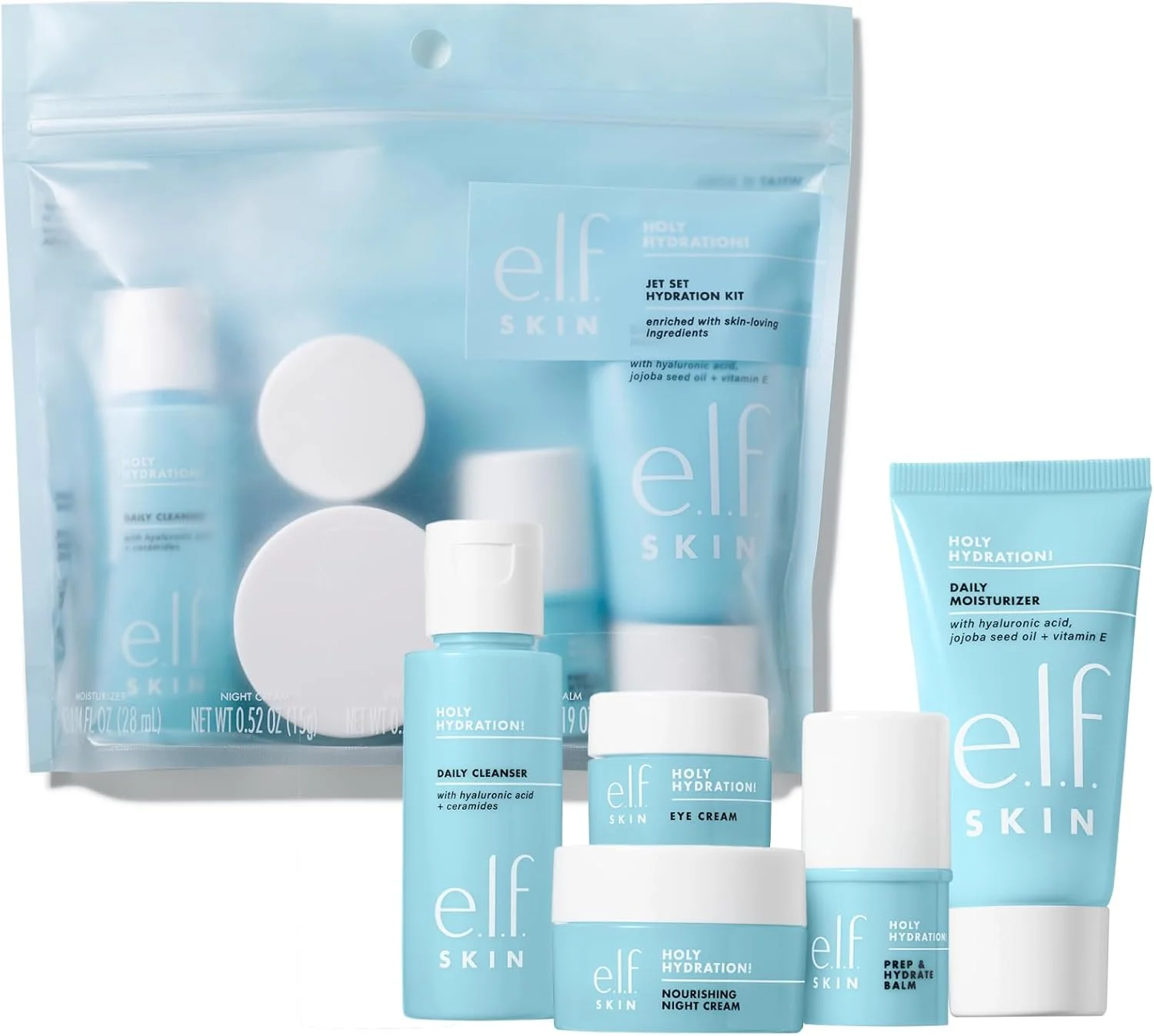 مجموعه آبرسان مسافرتی e.l.f. SKIN Jet Set، مجموعه مراقبت از پوست آبرسان مناسب سفر، پاک کننده صورت، بالم، مرطوب کننده، کرم دور چشم و کرم شب، وگان و بدون تست حیوانی