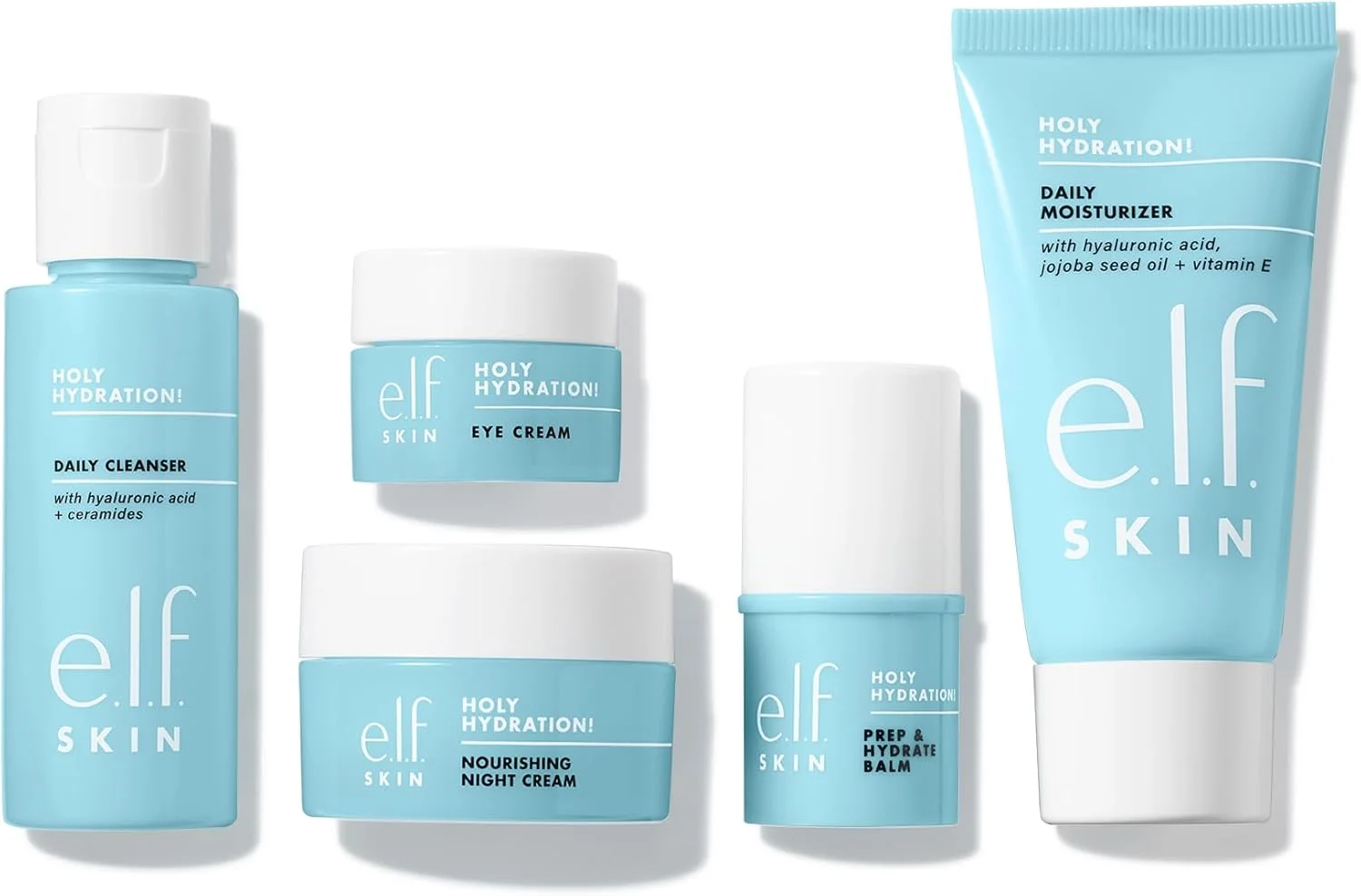 مجموعه آبرسان مسافرتی e.l.f. SKIN Jet Set، مجموعه مراقبت از پوست آبرسان مناسب سفر، پاک کننده صورت، بالم، مرطوب کننده، کرم دور چشم و کرم شب، وگان و بدون تست حیوانی