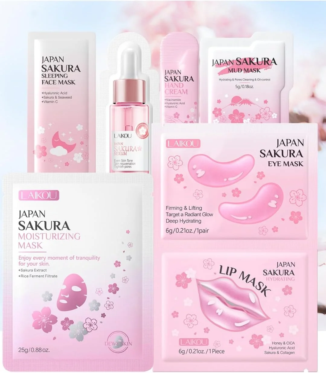 مجموعه مراقبت از پوست 8 تکه شکوفه گیلاس لایکو – شامل ماسک مرطوب کننده، ماسک خاک رس، ماسک لب، سرم، ماسک خواب، ماسک چشم، کرم دست و کیف لوازم آرایش صورتی – مجموعه کامل مراقبت از صورت و بدن.