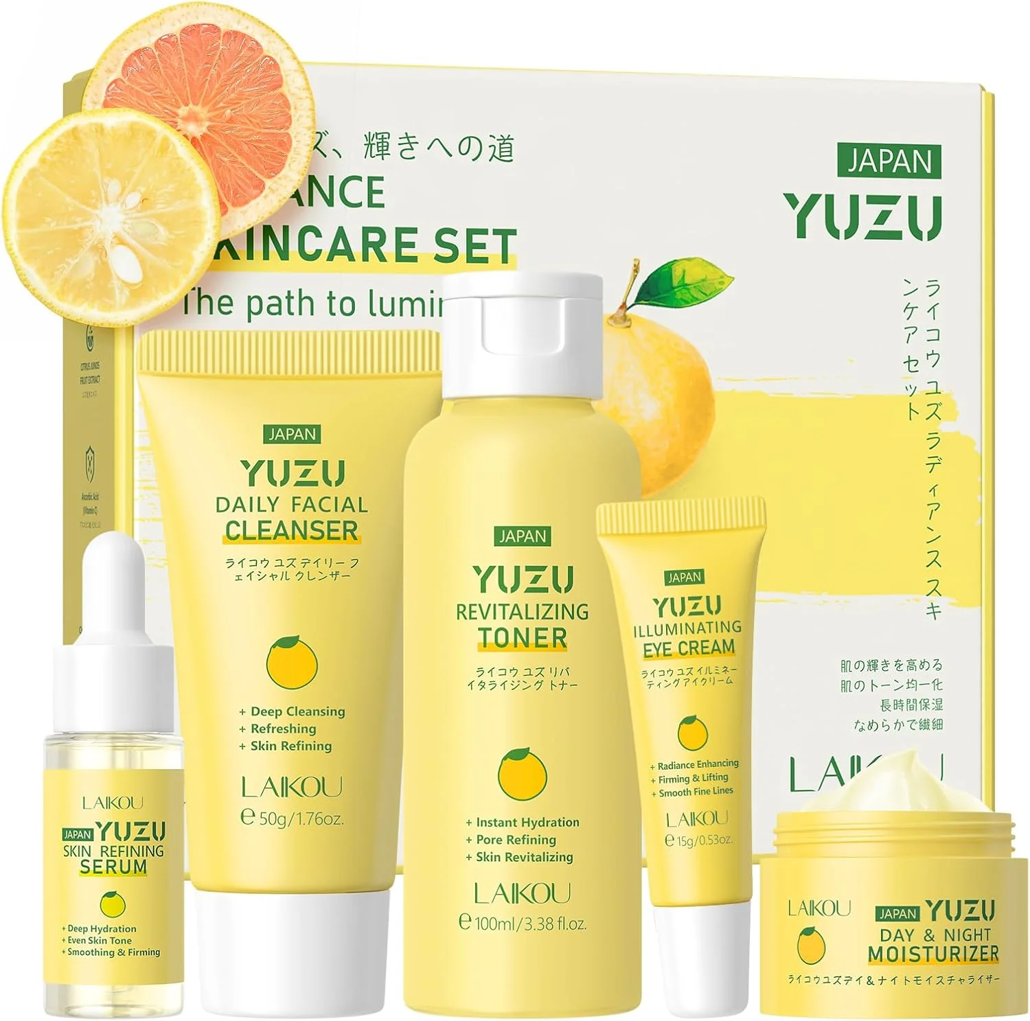 مجموعه مراقبت از پوست یوزو لایکو - مجموعه 5 تکه مراقبت از پوست برای آقایان و بانوان، شامل پاک کننده، تونر، سرم، کرم دور چشم و مرطوب کننده برای پوست درخشان
