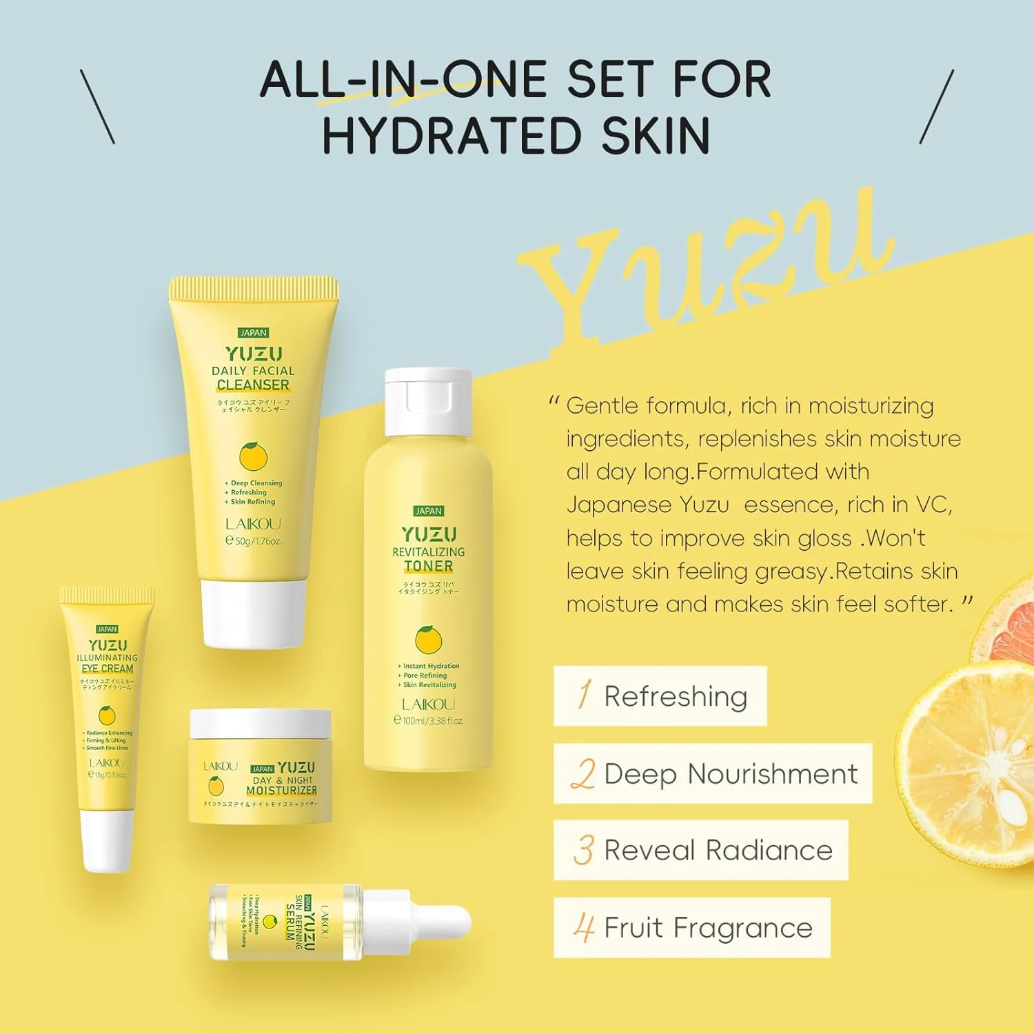 مجموعه مراقبت از پوست یوزو لایکو - مجموعه 5 تکه مراقبت از پوست برای آقایان و بانوان، شامل پاک کننده، تونر، سرم، کرم دور چشم و مرطوب کننده برای پوست درخشان