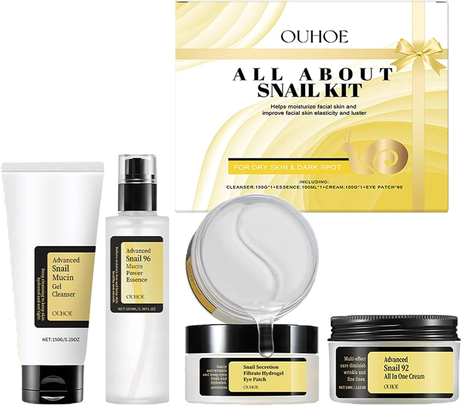 مجموعه مراقبت از پوست حلزون، مجموعه 4 عددی مراقبت از پوست موسین حلزون برای زنان، مجموعه سایز مینی مسافرتی با ژل پاک کننده، سرم اسانس، کرم مرطوب کننده و پچ دور چشم، مجموعه مراقبت از پوست حلزون کره ای