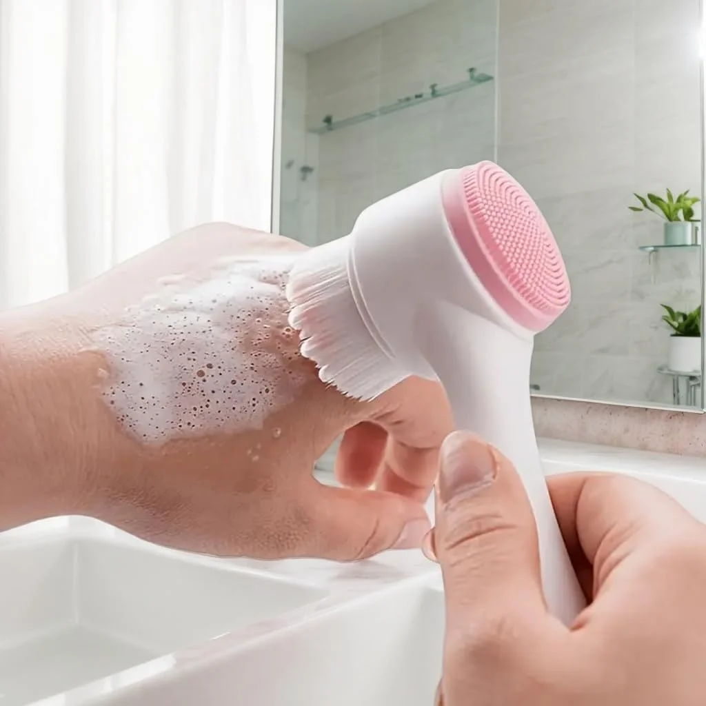 برس پاک کننده صورت دو سر، موی نرم و پاک کننده سیلیکونی برای استفاده خانگی، اسکراب دستی و پاکسازی عمیق (صورتی)