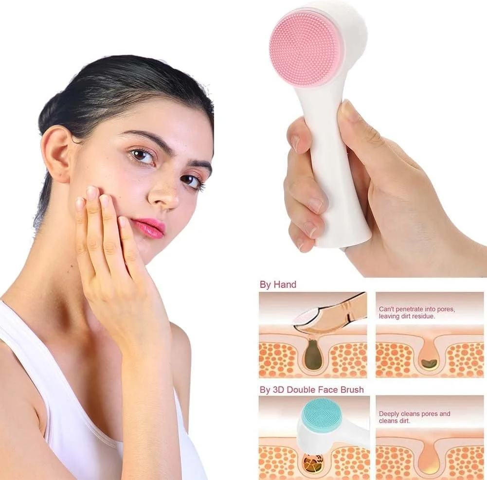 برس صورت سیلیکونی دو طرفه 2 در 1 BIGTHREE برای پاکسازی صورت، لایه برداری، پاک کننده آرایش، پوست چرب، پاکسازی عمیق جوش های سرسیاه و منافذ، ابزار ماساژ دستی استفاده خشک و مرطوب