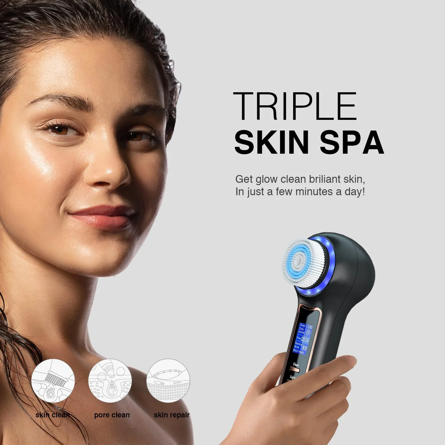 اسکرابر لایه بردار صورت با صفحه نمایش LCD، برس پاک کننده صورت قابل شارژ IPX7 ضد آب 3 در 1، مکنده جوش سرسیاه برای لایه برداری، ماساژ و پاکسازی عمیق منافذ