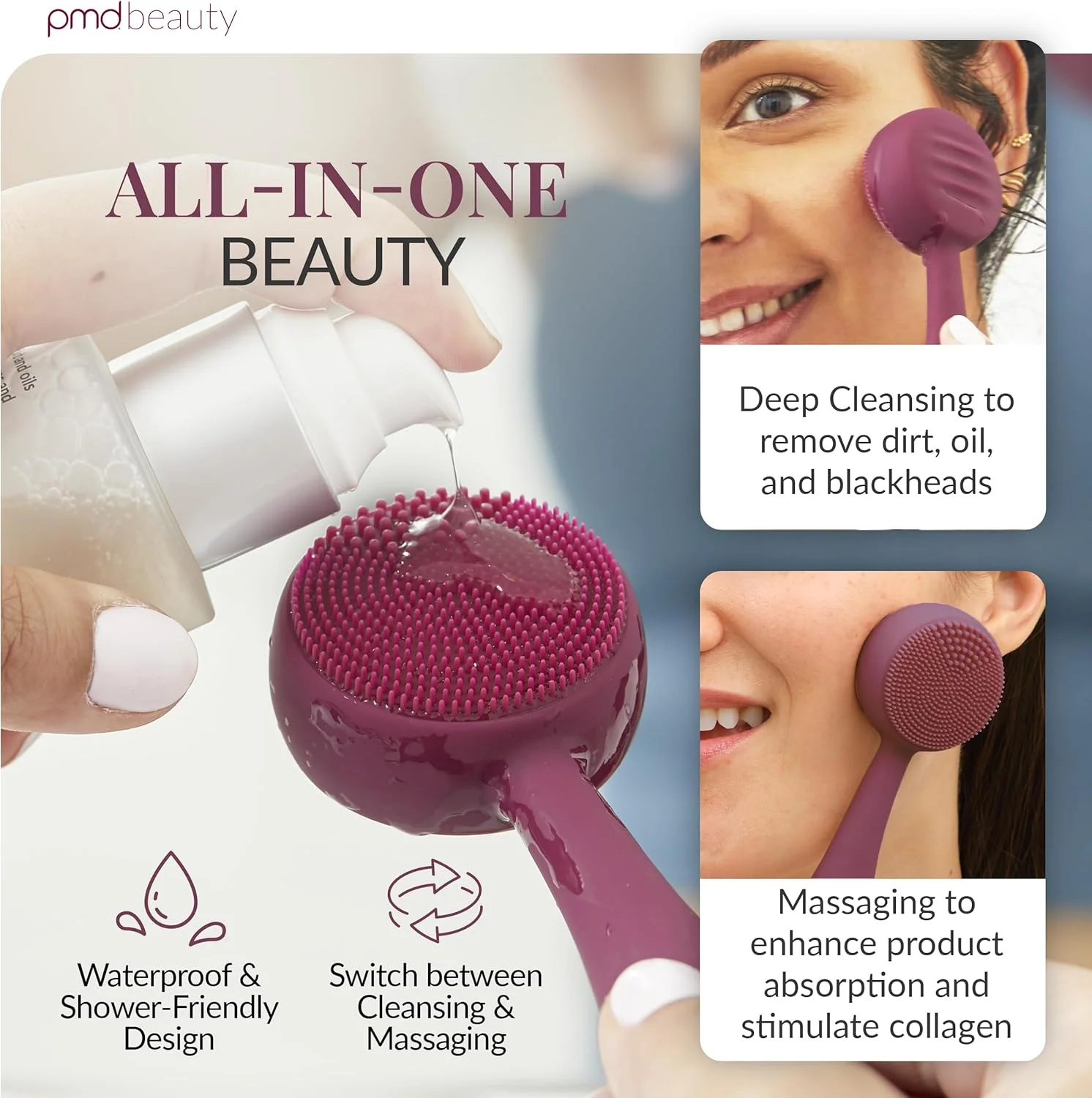 دستگاه پاک کننده هوشمند صورت PMD Beauty Clean با برس سیلیکونی و ماساژور ضد پیری - ضد آب - فناوری لرزش SonicGlow - لیفت، سفت و یکدست کننده پوست صورت و بدن، بری