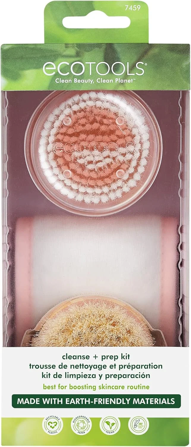 مجموعه پاکسازی و آماده سازی صورت EcoTools، ابزارهای مراقبت از پوست، پاکسازی و لایه برداری، هدبند اسپا، برس پاک کننده، برس خشک، آماده سازی آرایش، مراقبت از پوست سازگار با محیط زیست، بدون تست حیوانی و وگان، مجموعه 3 تکه