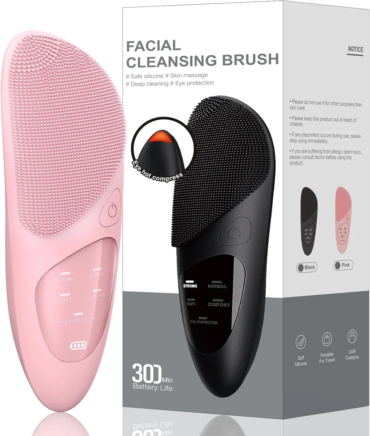 برس پاک کننده صورت، برس ماساژور صورت سیلیکونی، لایه بردار صورت مناسب برای انواع پوست و برس اسکرابر صورت ویبره سونیک ضد آب برای پاکسازی عمیق، لایه برداری و ماساژ - صورتی