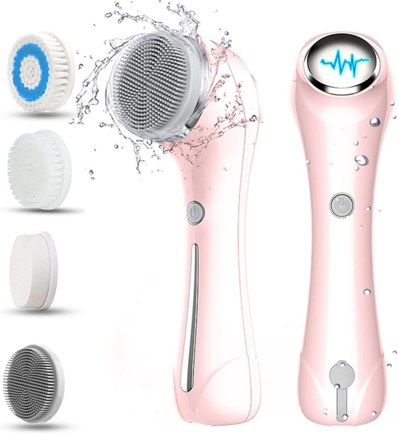 ست برس پاک کننده چرخشی صورت، برس پاک کننده برقی صورت، طراحی ضد آب IPX7، دارای 4 سر برس پاک کننده، برس پاک کننده برای لایه برداری ملایم و اسکراب عمیق (صورتی)