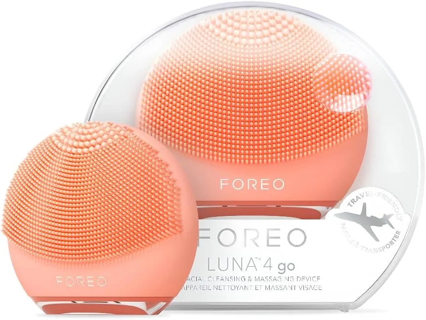 FOREO LUNA 4 go برس پاک کننده صورت و ماساژور سفت کننده صورت - برس صورت درجه یک - افزایش جذب محصولات مراقبت از پوست - لوازم جانبی مسافرتی ساده مراقبت از صورت - مناسب برای انواع پوست - هلویی بی نقص