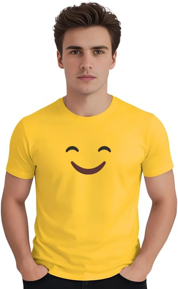 تی شرت زرد صورتک خندان - تی شرت نخی آستین کوتاه یقه گرد унисекс - تی شرت نرم و راحت