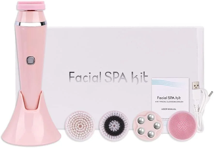 برس پاک کننده صورت برقی 4 در 1، برس های چرخشی پاک کننده صورت قابل شارژ، حذف جوش های سرسیاه، پاکسازی عمیق و لایه برداری (صورتی)