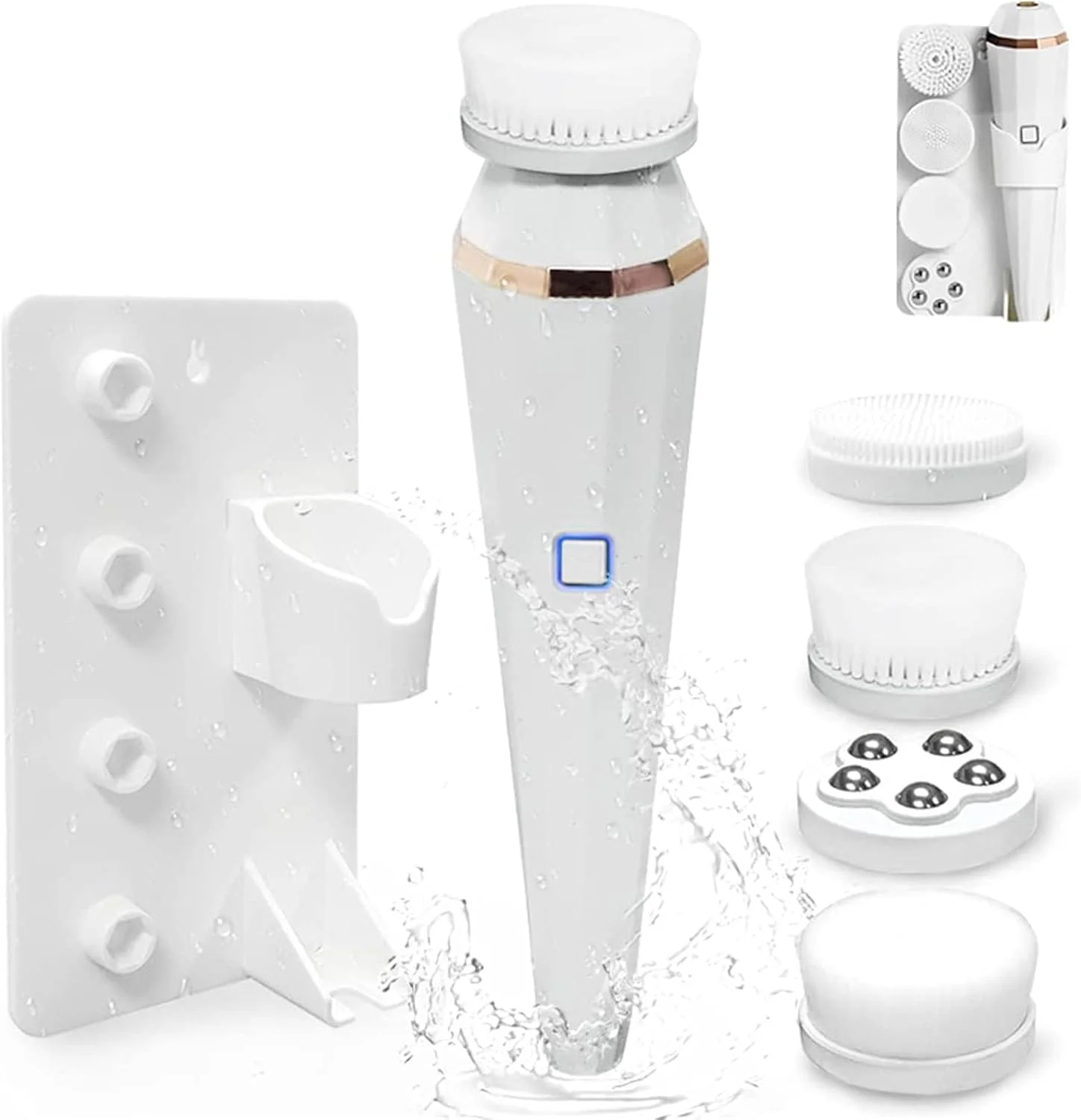 برس پاک کننده صورت، برس چرخشی برقی 4 در 1، برس پاک کننده صورت شارژی برای لایه برداری ملایم، پاکسازی عمیق و ماساژ صورت (سفید)