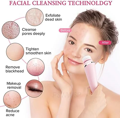 برس پاک کننده صورت برقی 4 در 1، برس های چرخشی پاک کننده صورت قابل شارژ، حذف جوش های سرسیاه، پاکسازی عمیق و لایه برداری (صورتی)