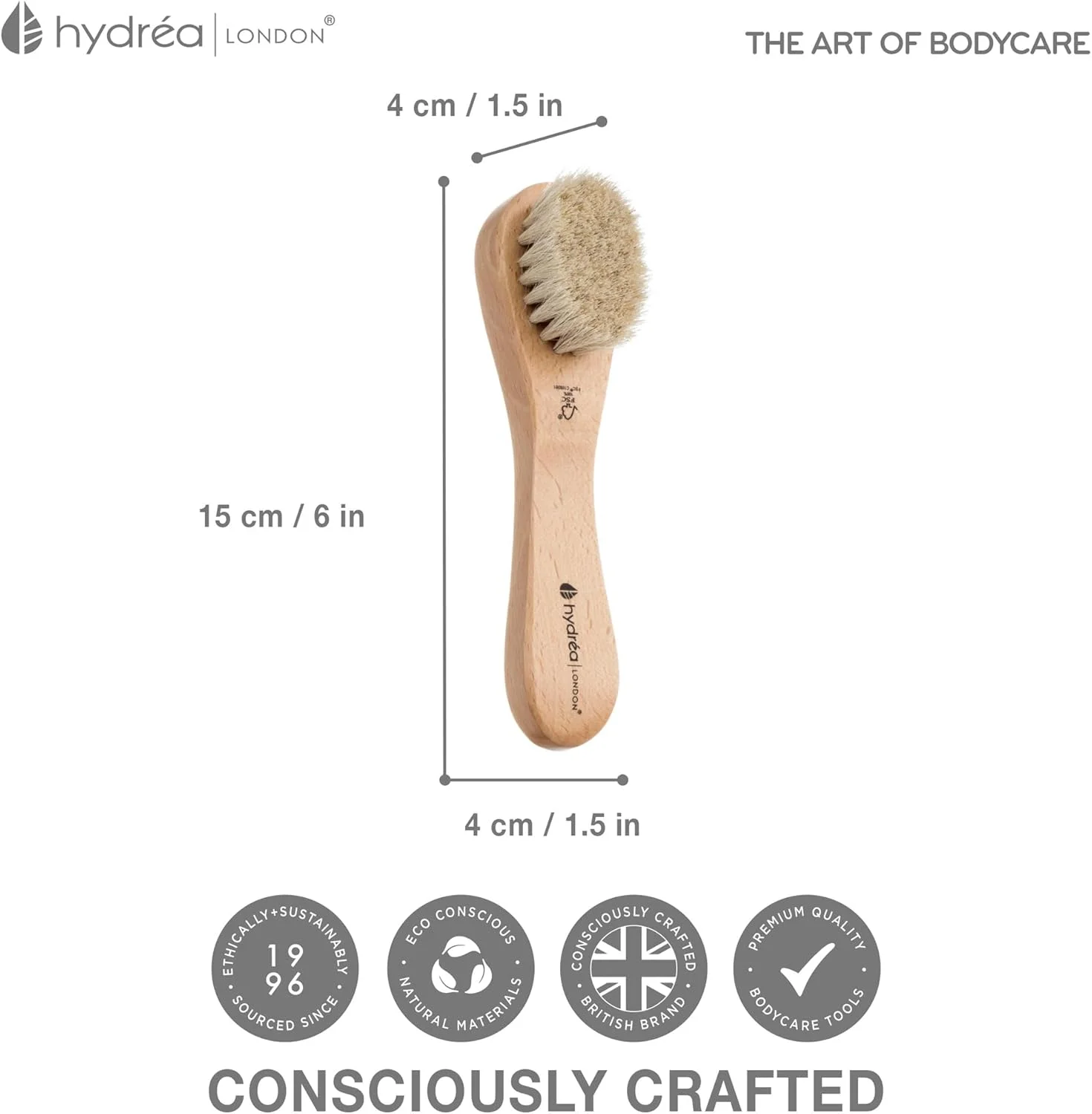 برس صورت هیدرا لندن - برس طبیعی برای پاکسازی خشک صورت، لایه بردار ملایم پوست، کمک به جریان لنفاوی - چوب راش دارای گواهی FSC®.