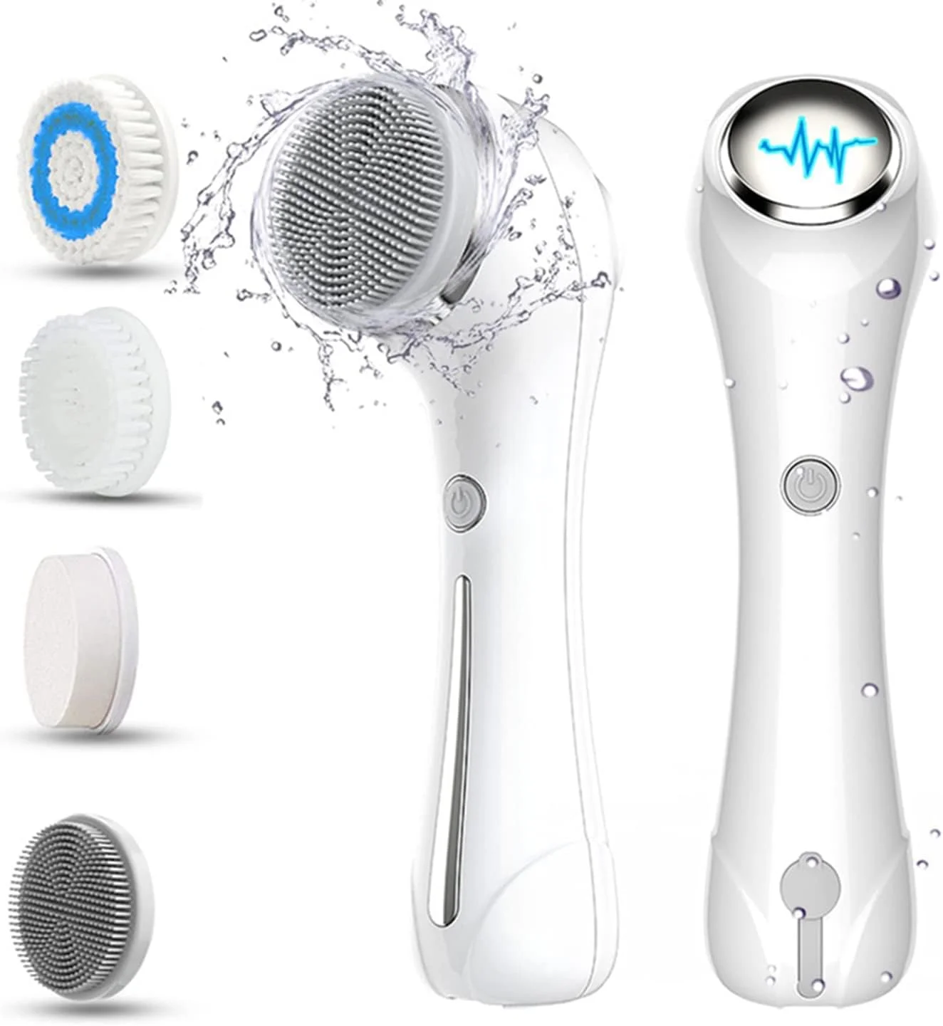ست برس چرخشی پاک کننده صورت، برس پاک کننده صورت برقی، طراحی ضد آب IPX7، دارای 4 سر برس پاک کننده، برس پاک کننده برای لایه برداری ملایم و اسکراب عمیق. (سفید)