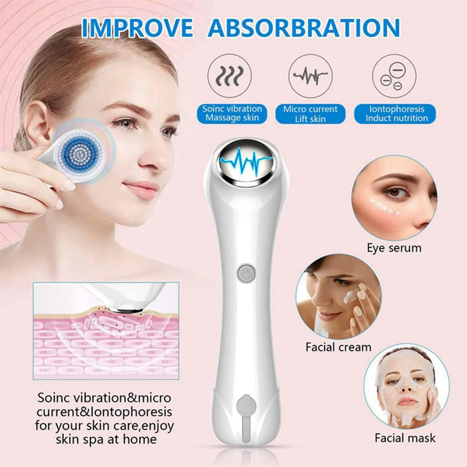 ست برس چرخشی پاک کننده صورت، برس پاک کننده صورت برقی، طراحی ضد آب IPX7، دارای 4 سر برس پاک کننده، برس پاک کننده برای لایه برداری ملایم و اسکراب عمیق. (سفید)