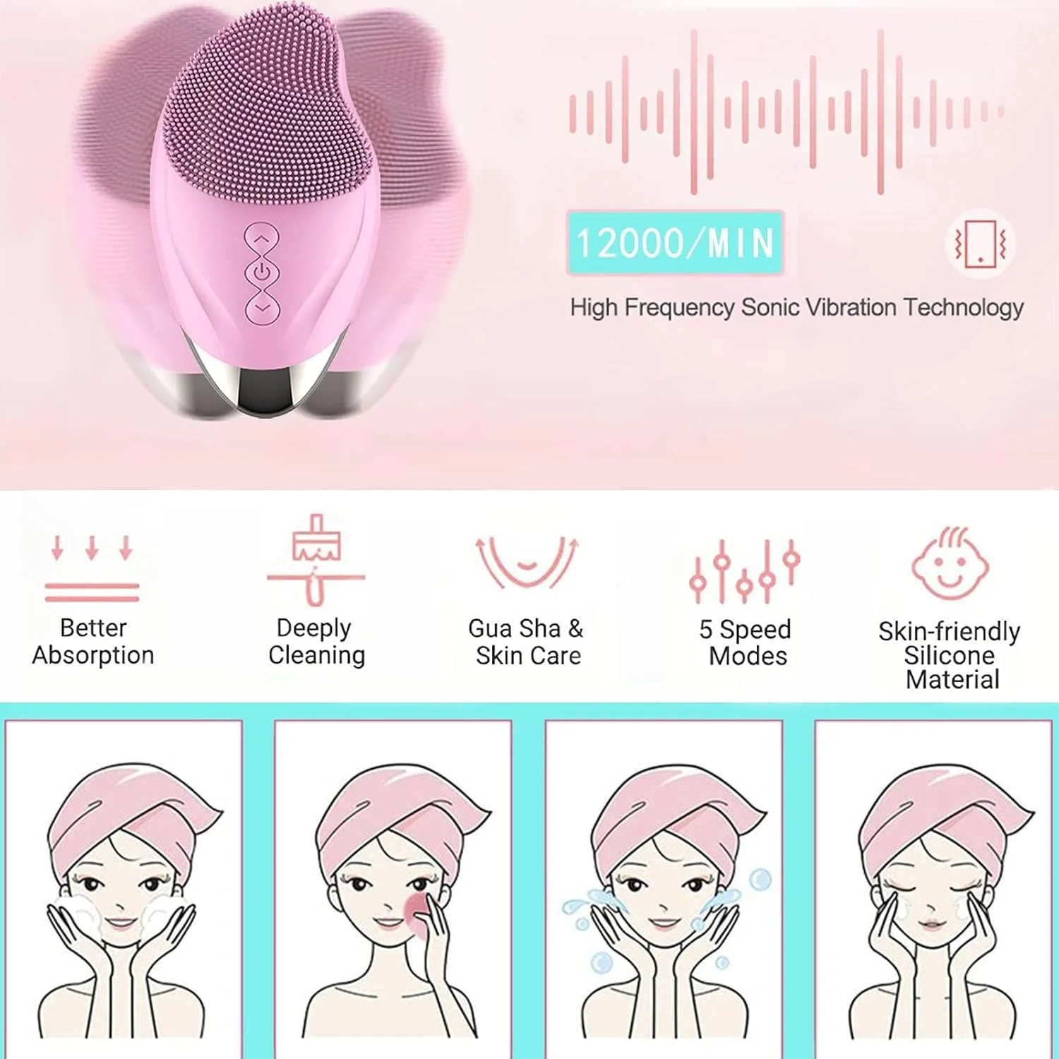 برس پاک کننده صورت صوتی بولیوی، اسکرابر برقی صورت با 5 حالت سرعت، ضد آب 3 در 1 وارد کننده آنیون با ماساژ گرمایشی 48 درجه سانتیگراد، برس صورت سیلیکونی قابل شارژ USB