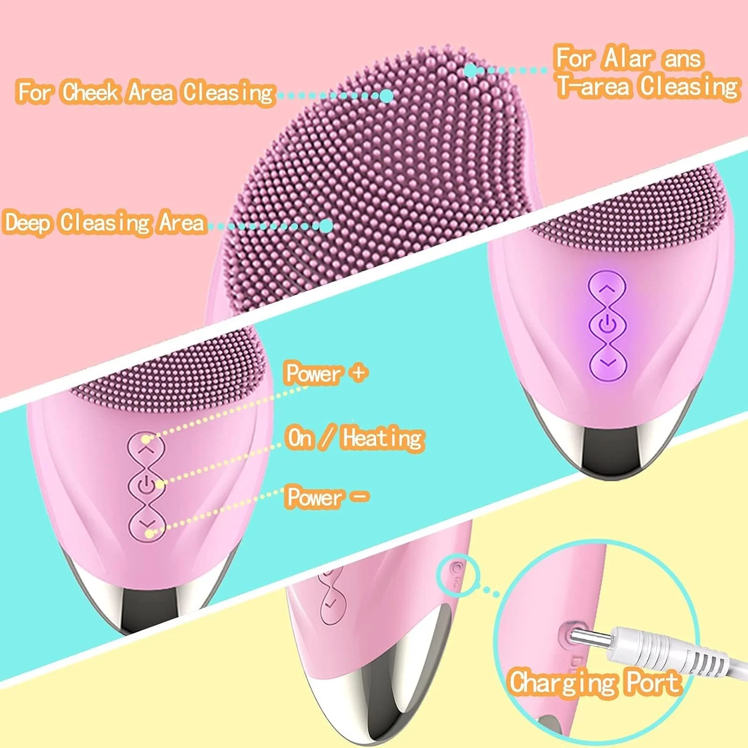 برس پاک کننده صورت صوتی بولیوی، اسکرابر برقی صورت با 5 حالت سرعت، ضد آب 3 در 1 وارد کننده آنیون با ماساژ گرمایشی 48 درجه سانتیگراد، برس صورت سیلیکونی قابل شارژ USB