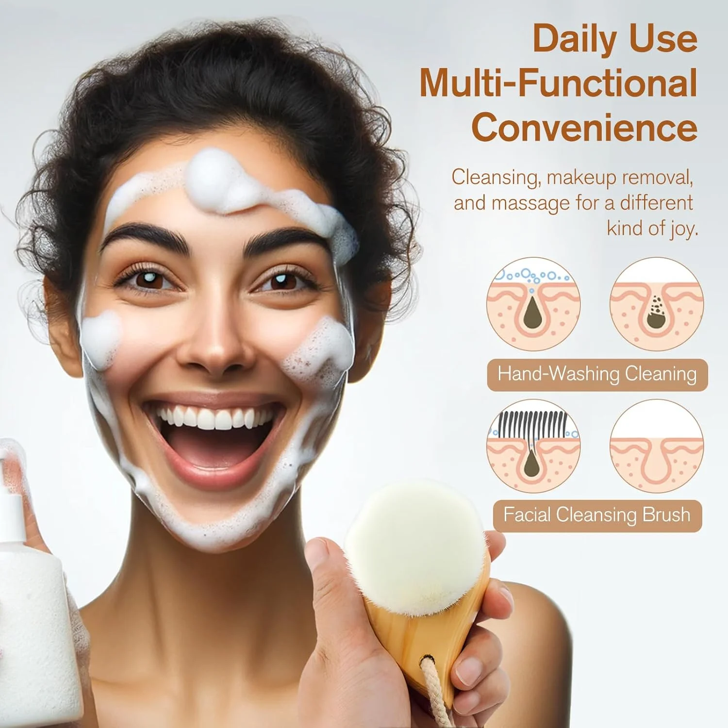 برس پاک کننده صورت با موهای نرم برای پاکسازی عمیق منافذ، برس زیبایی صورت مناسب سفر با دسته ارگونومیک