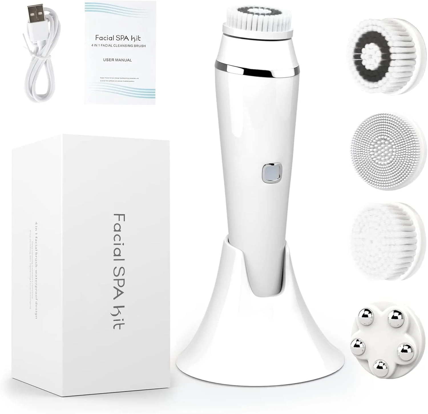 برس پاک کننده صورت Arabest، برس پاک کننده صورت برقی 4 در 1، برس پاک کننده صورت شارژی برای لایه برداری ملایم، پاکسازی عمیق و ماساژ صورت (سفید)