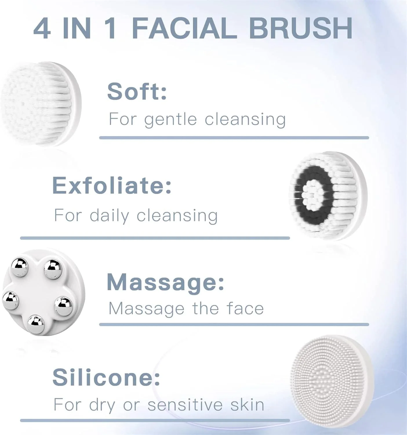 برس پاک کننده صورت Arabest، برس پاک کننده صورت برقی 4 در 1، برس پاک کننده صورت شارژی برای لایه برداری ملایم، پاکسازی عمیق و ماساژ صورت (سفید)