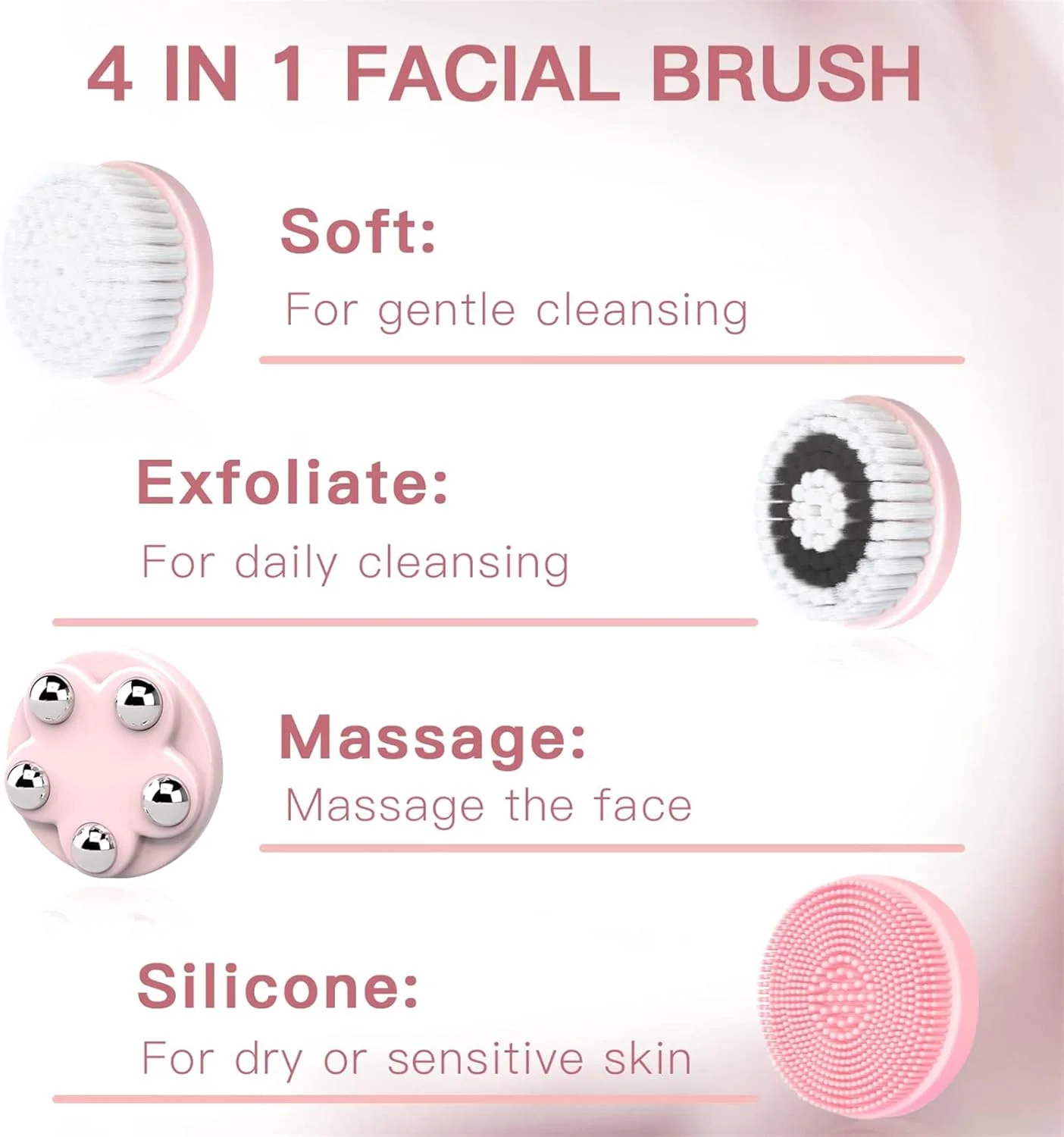 برس پاک کننده صورت Arabest، برس پاک کننده صورت برقی 4 در 1، برس پاک کننده صورت شارژی برای لایه برداری ملایم، پاکسازی عمیق و ماساژ صورت (صورتی)