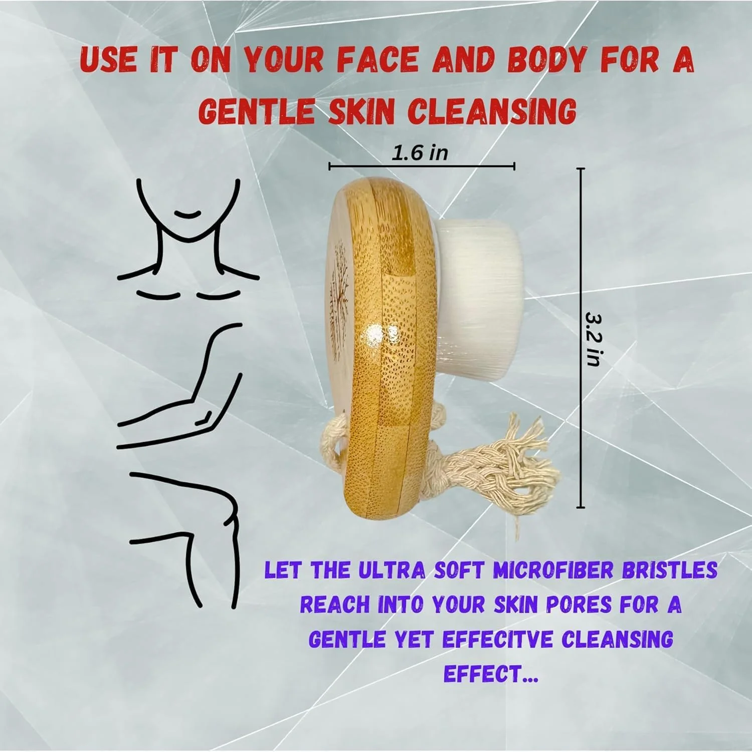 برس پاک کننده صورت، دسته چوبی ارگونومیک، موهای فوق العاده نرم برای پوست حساس، برس خشک یا مرطوب و لایه برداری، بسته 2 عددی