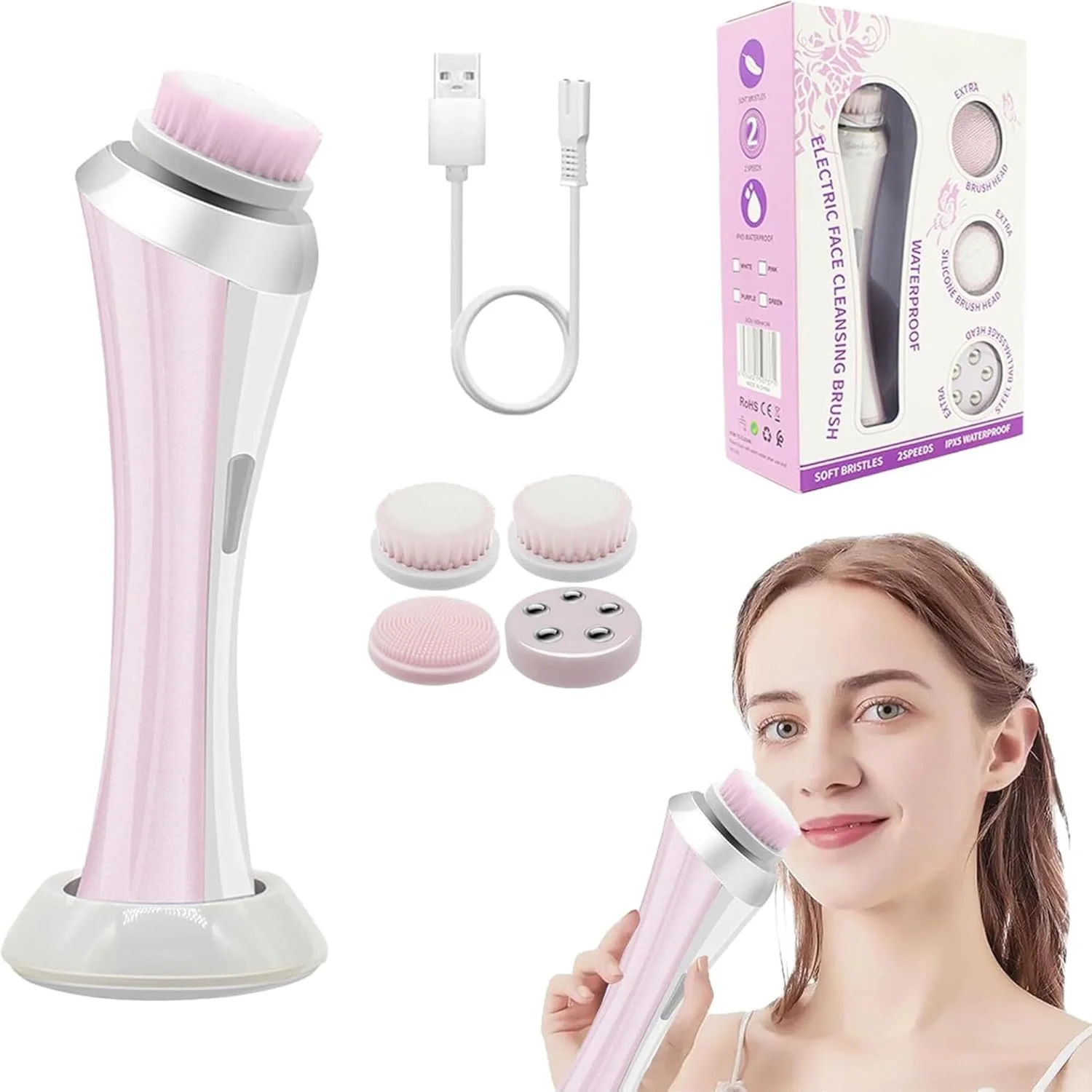 مجموعه برس پاک کننده و اسکرابر چرخشی برقی صورت - میکرودرم ابریژن پیشرفته پوست برای لایه برداری ملایم و پاکسازی عمیق با 4 سر برس لایه بردار