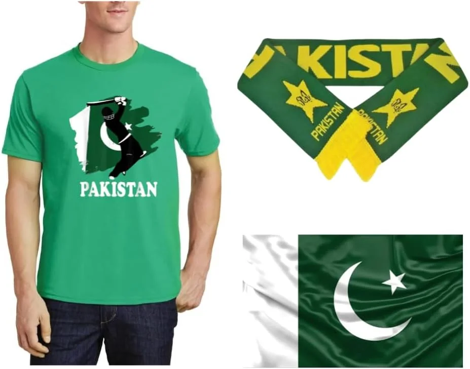 تی‌شرت مردانه، شال و پرچم بزرگ پاکستان (90cm x 150cm) - تی‌شرت آستین کوتاه | نخی | ترکیب ایده‌آل برای طرفداران ورزش، مسابقات و رویدادها