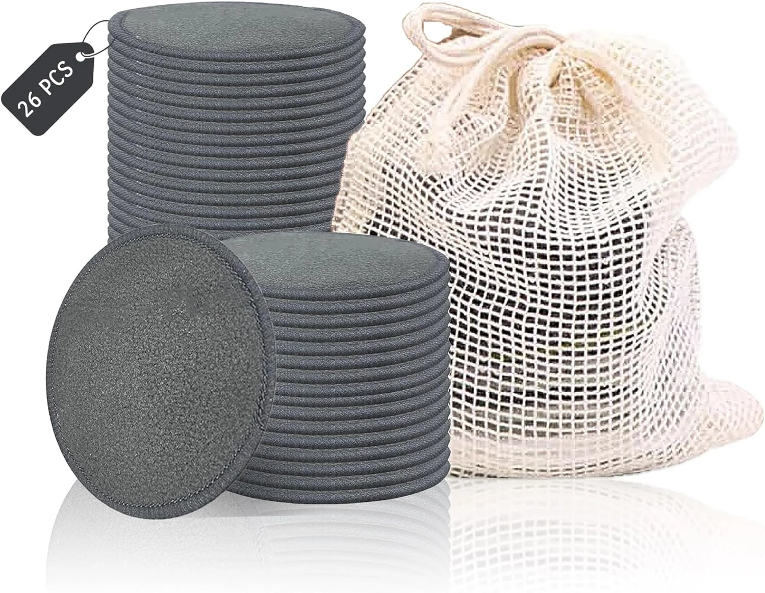 پدهای پاک کننده آرایش زغالی بامبو قابل استفاده مجدد - بسته 26 عددی پدهای پنبه ای قابل استفاده مجدد با کیسه لباسشویی | ارگانیک، بدون پسماند، ملایم برای انواع پوست | پدهای پنبه ای بامبو قابل شستشو دو طرفه