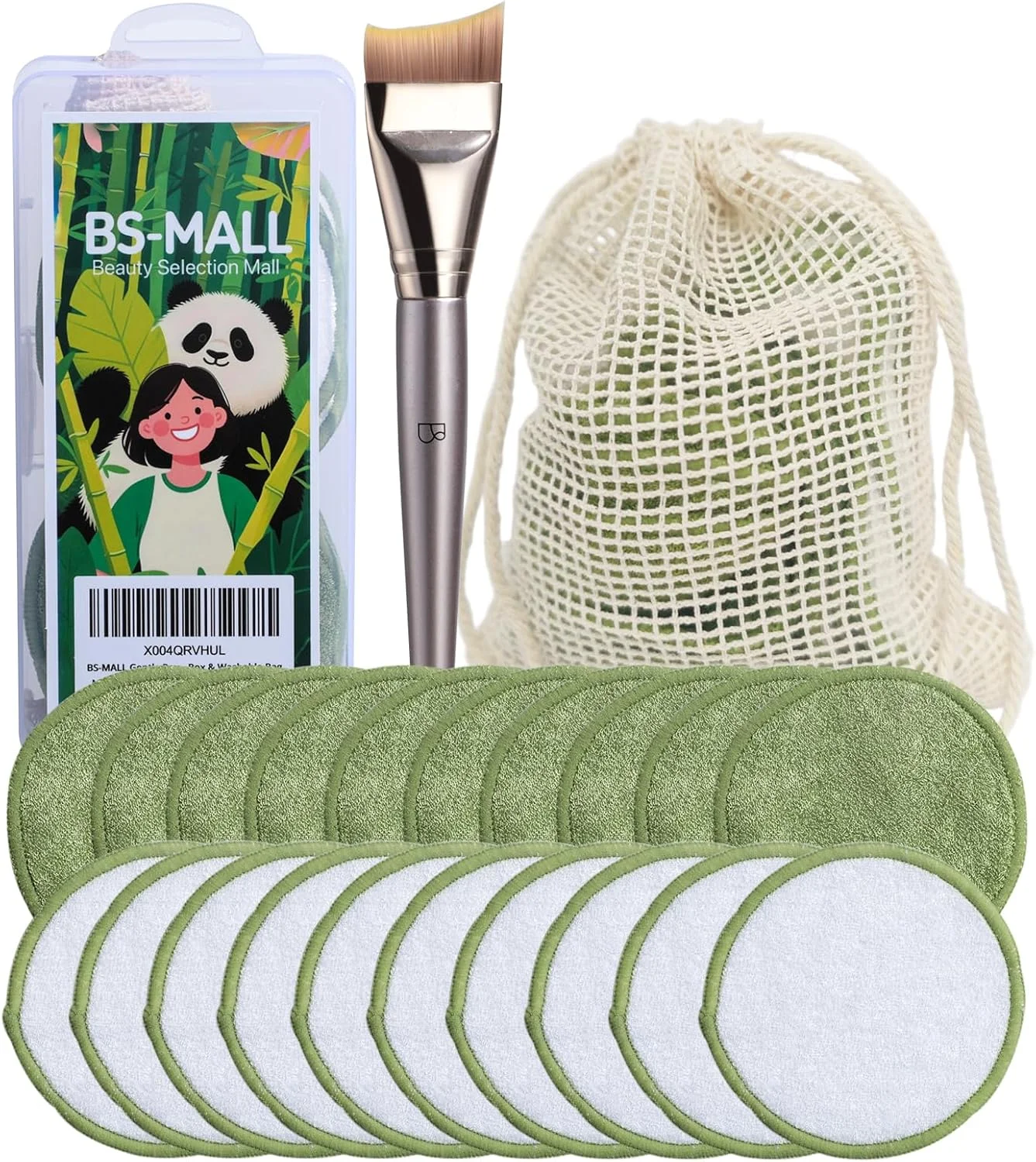 پدهای پنبه ای لطیف و قابل استفاده مجدد BS-MALL برای پاک کردن آرایش صورت و چشم 20 عدد، برس ماسک صورت و برس کرم پودر - ست چند منظوره و مناسب سفر مراقبت از پوست به همراه جعبه نگهداری و کیف قابل شستشو