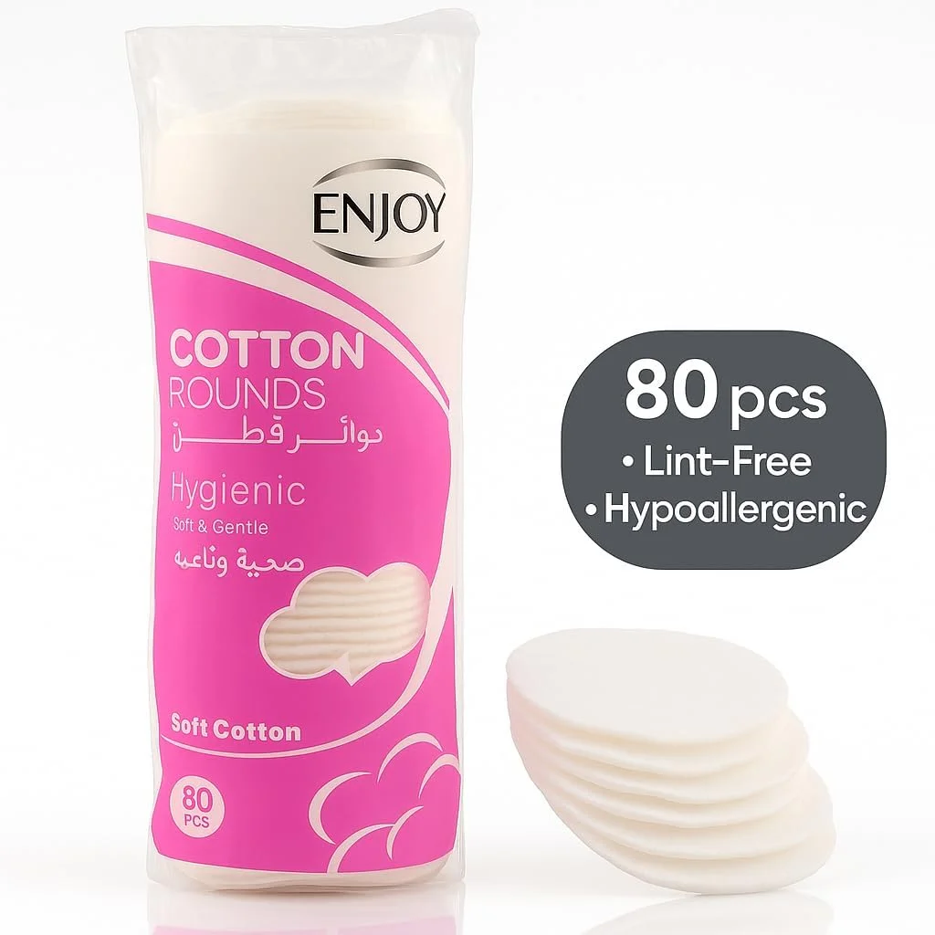 پدهای پنبه ای گرد اِنجوی ۸۰ عددی - پدهای پنبه ای نرم و لطیف برای مراقبت از پوست، پاک کردن آرایش و استفاده از تونر، ضد حساسیت و بدون پرز
