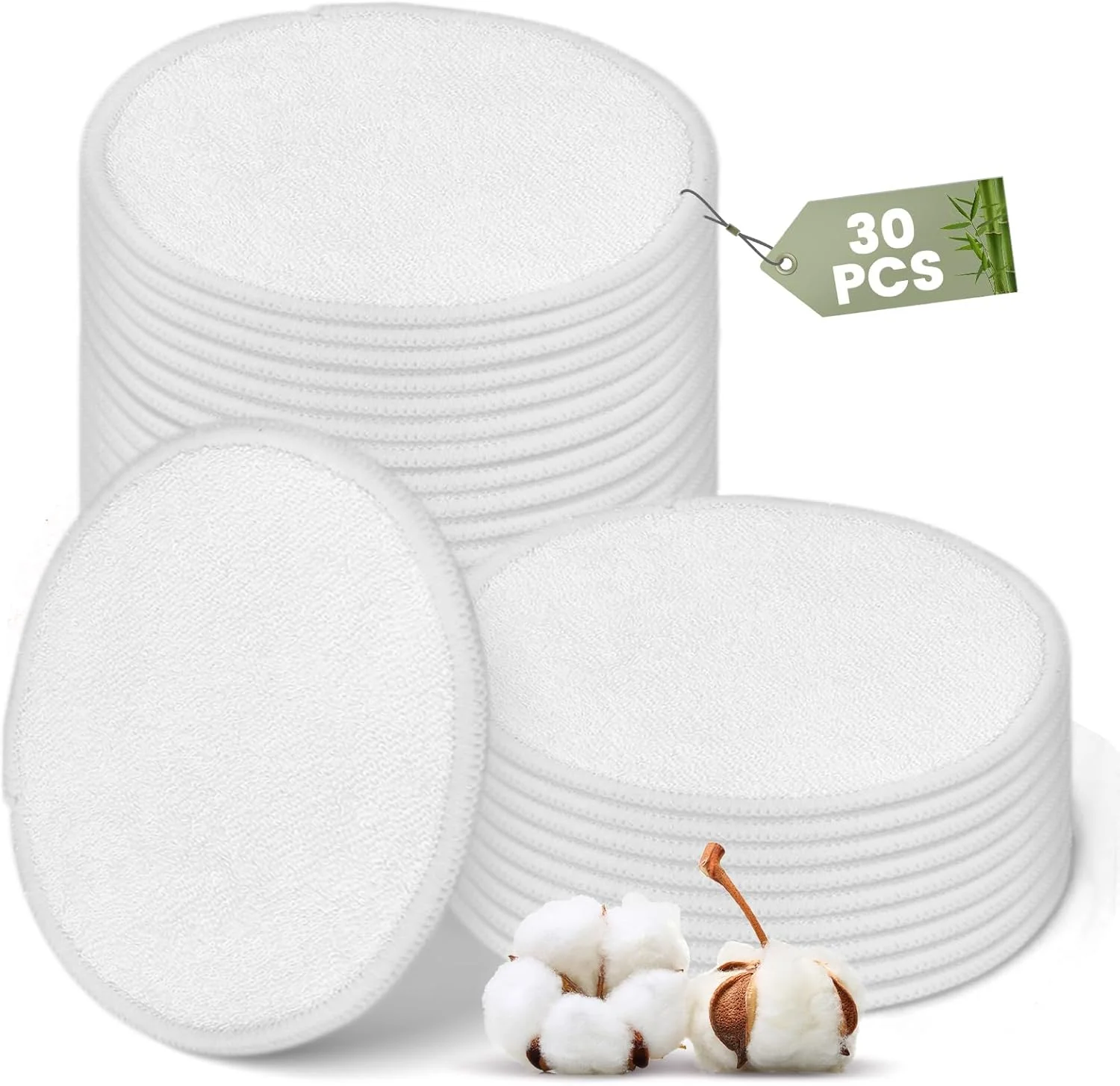 پد پاک کننده آرایش گرد الیاف طبیعی 30 عددی، پدهای پارچه ای صورت قابل شستشو و استفاده مجدد، دستمال مرطوب پاک کننده صورت برای انواع پوست مناسب مسافرت (سفید)