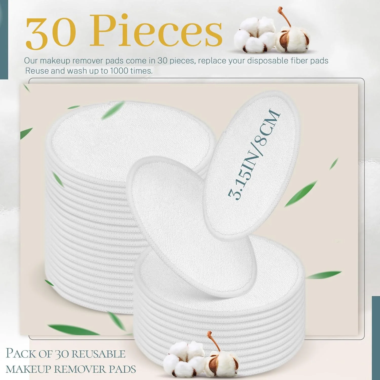 پد پاک کننده آرایش گرد الیاف طبیعی 30 عددی، پدهای پارچه ای صورت قابل شستشو و استفاده مجدد، دستمال مرطوب پاک کننده صورت برای انواع پوست مناسب مسافرت (سفید)