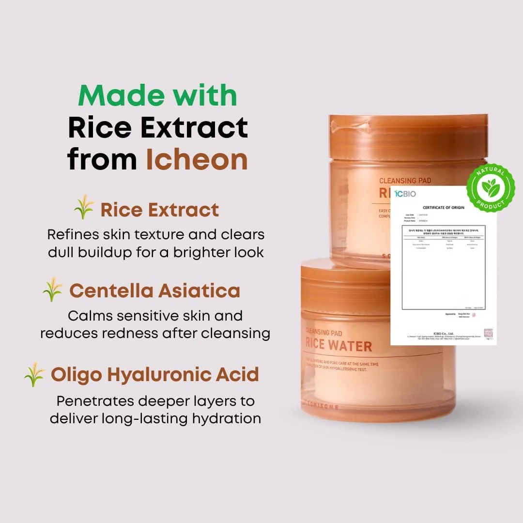 پدهای پاک کننده آب برنج SOMISOME - پدهای پاک کننده آرایش و تونر کره ای با سنتلا آسیاتیکا، لایه بردار برای از بین بردن جوش های سرسیاه و کوچک کننده منافذ، 50 عدد