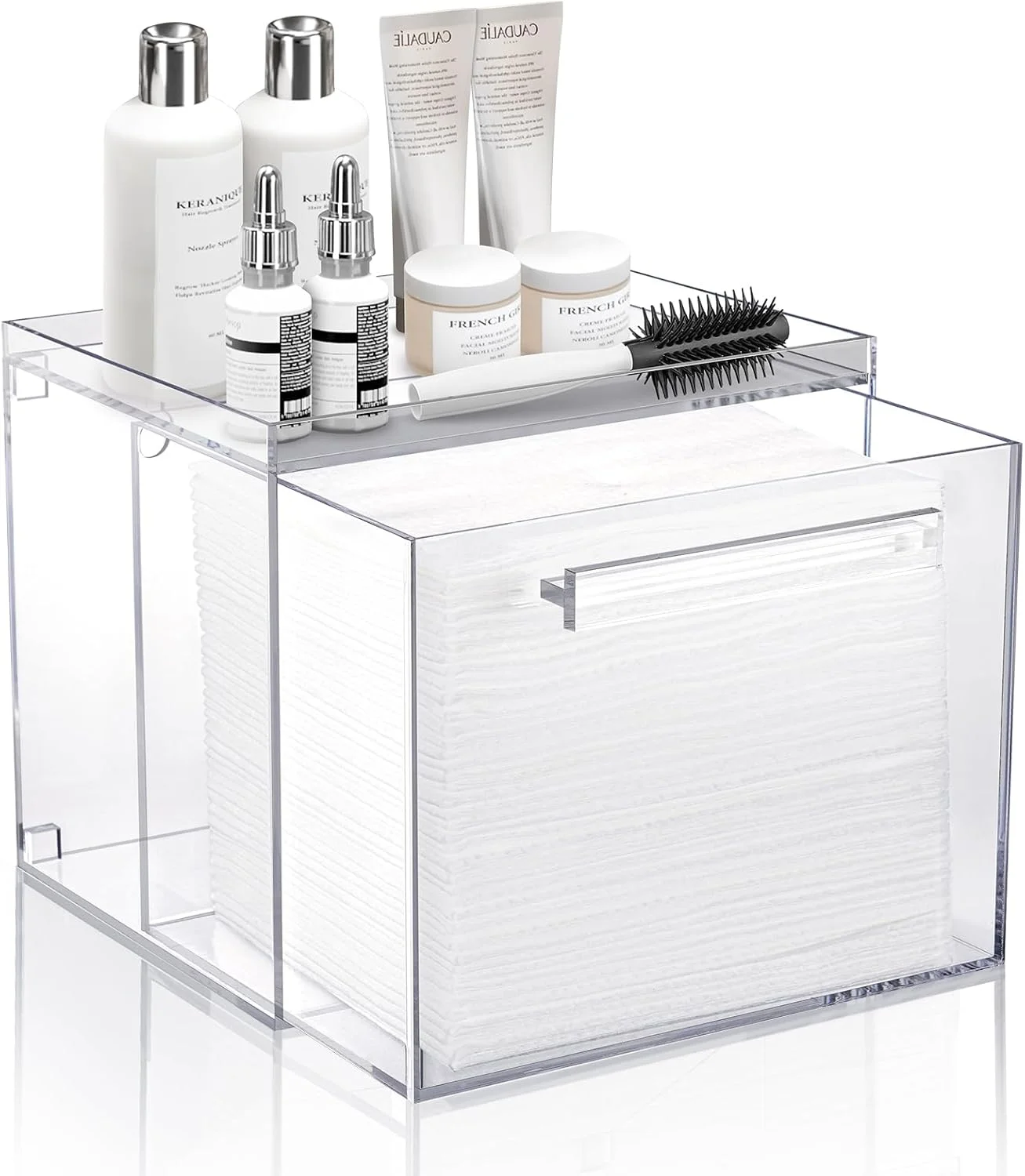 باکس نگهداری دستمال صورت یکبار مصرف آکریلیک ممتاز KASTWAVE، سازمان دهنده ضد گرد و غبار دیواری با کشو برای حمام سازگار با دستمال مرطوب و پدهای پاک کننده آرایش