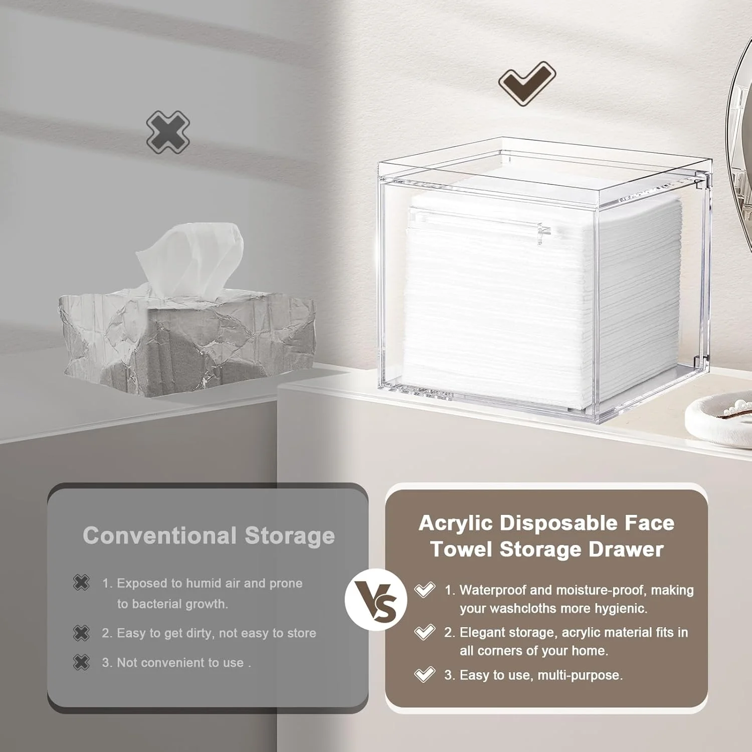 باکس نگهداری دستمال صورت یکبار مصرف آکریلیک ممتاز KASTWAVE، سازمان دهنده ضد گرد و غبار دیواری با کشو برای حمام سازگار با دستمال مرطوب و پدهای پاک کننده آرایش