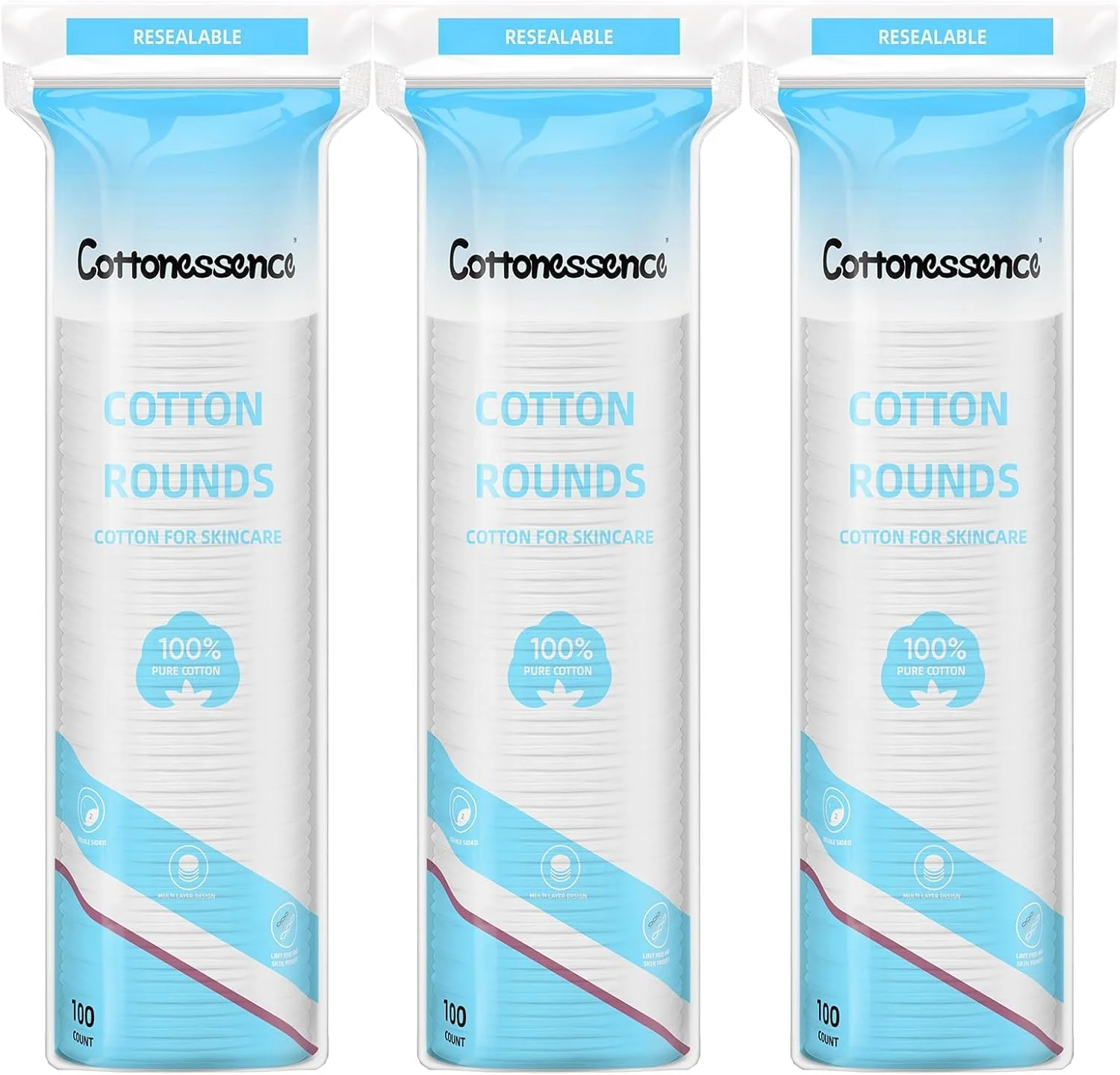 پدهای پنبه ای برای پاکسازی صورت و پاک کردن لاک ناخن، 100% پنبه خالص، پد پاک کننده آرایش ضد حساسیت، طراحی چند لایه، بدون پرز (3 بسته 300 عددی)