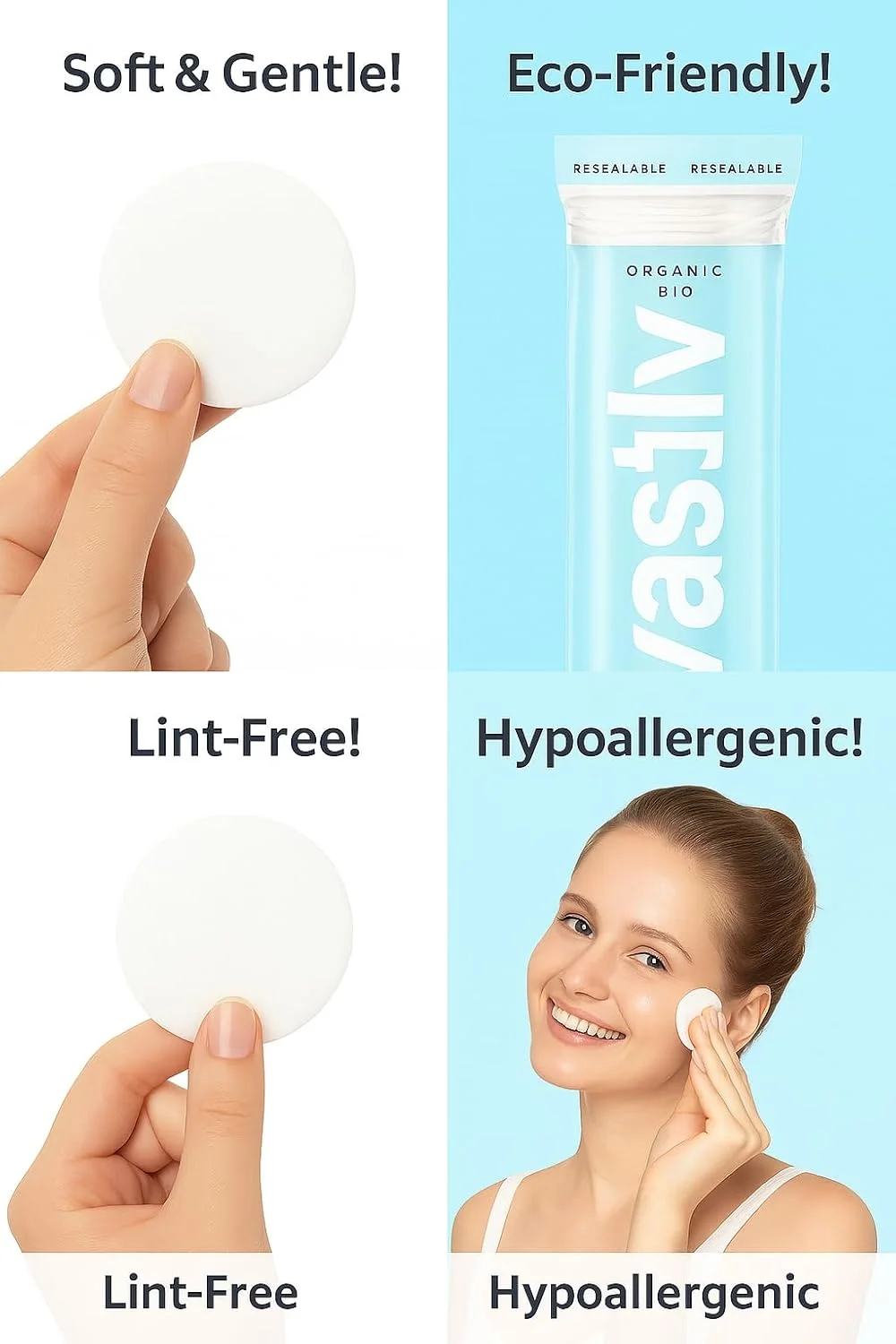 پدهای پنبه ای ارگانیک (600 عدد) پد پاک کننده آرایش، ضد حساسیت، بدون پرز | 100% پنبه خالص