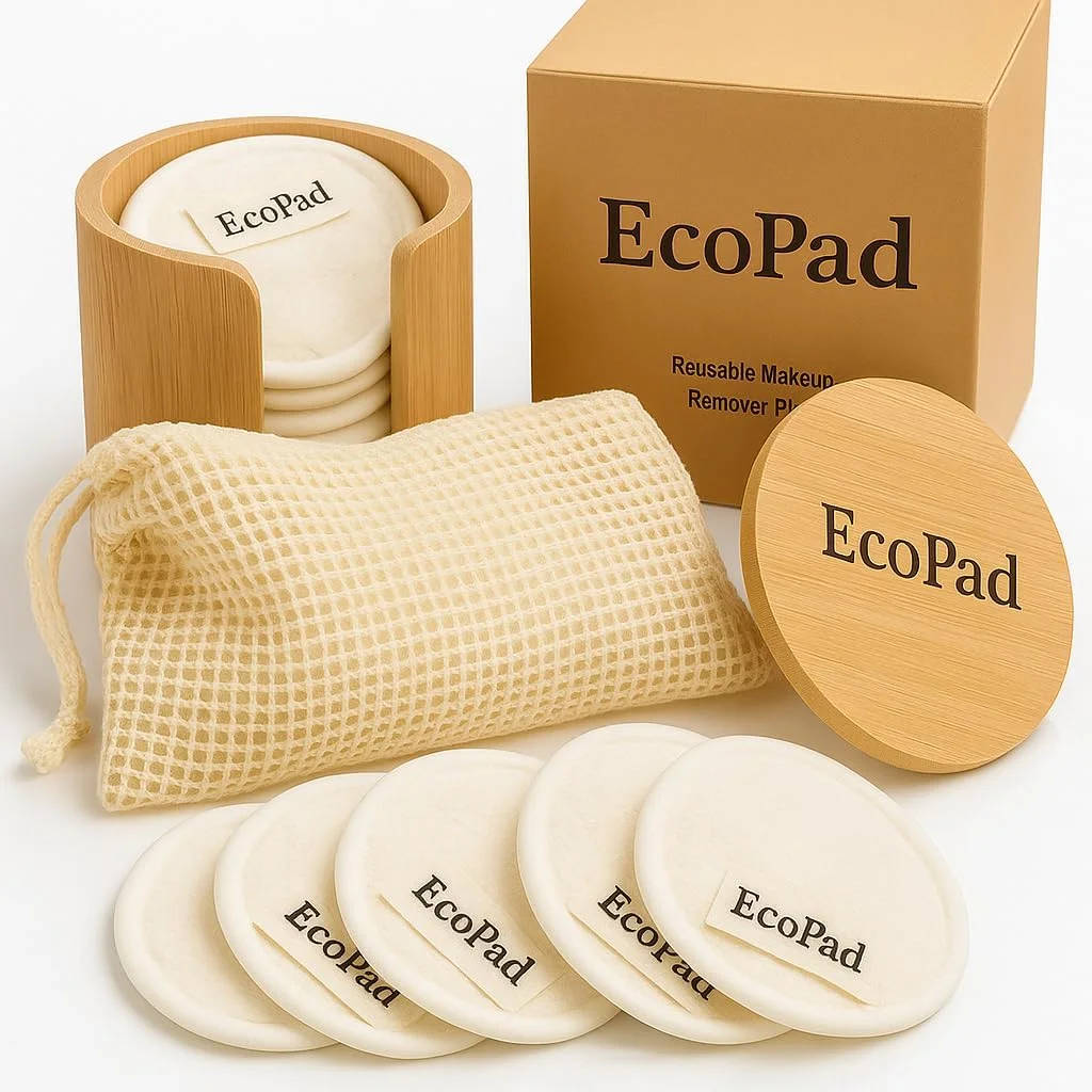 پدهای پاک کننده آرایش بامبو EcoPad - 15 پد نرم و قابل شستشو با جعبه نگهداری بامبو و کیسه توری | پدهای پاک کننده صورت سازگار با محیط زیست برای انواع پوست