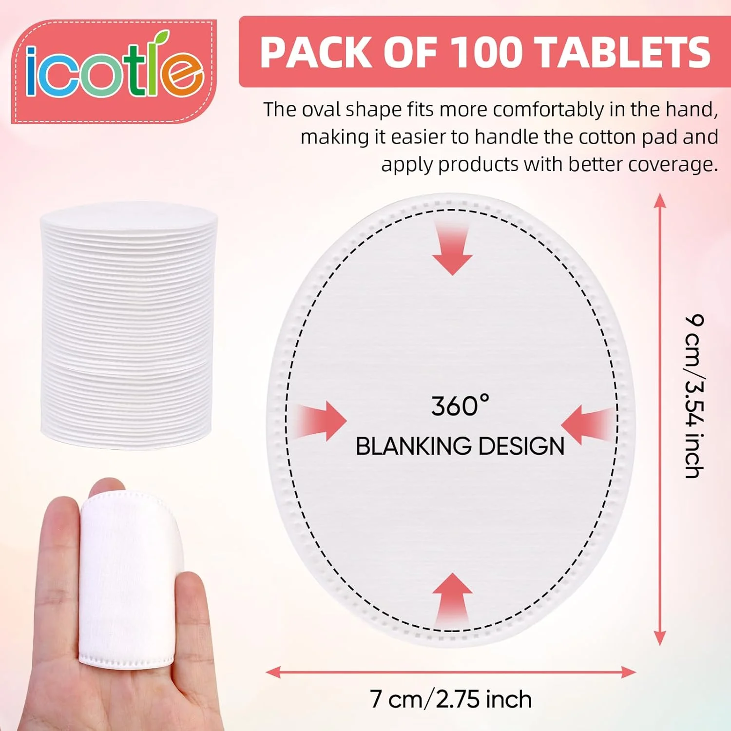 پدهای پنبه‌ای بیضی شکل (100 عدد) پدهای فوق‌العاده نرم پنبه‌ای بیضی شکل 100% پنبه خالص، فناوری فیزیکی، پدهای پاک‌کننده آرایش بزرگ، پدهای پنبه‌ای صورت برای پاک کردن آرایش، پاکسازی و استفاده از تونر