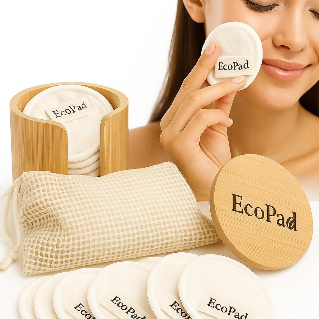 پدهای پاک کننده آرایش بامبو EcoPad - 15 پد نرم و قابل شستشو با جعبه نگهداری بامبو و کیسه توری | پدهای پاک کننده صورت سازگار با محیط زیست برای انواع پوست