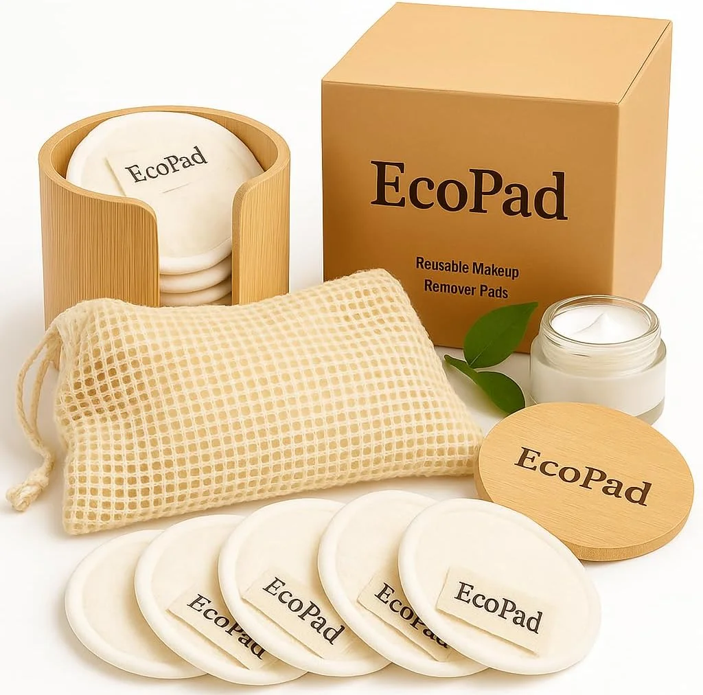 پدهای پاک کننده آرایش بامبو EcoPad - 15 پد نرم و قابل شستشو با جعبه نگهداری بامبو و کیسه توری | پدهای پاک کننده صورت سازگار با محیط زیست برای انواع پوست