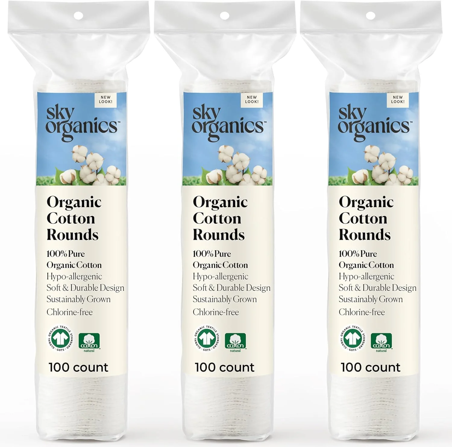 پدهای پنبه ای ارگانیک Sky Organics (300 عدد، 3 بسته 100 عددی)، پدهای پنبه ای بدون عطر و کلر، پدهای پنبه ای 100% زیست تخریب پذیر با جذب فوق العاده، پاک کننده آرایش طبیعی و مراقبت شخصی بدون تست حیوانی