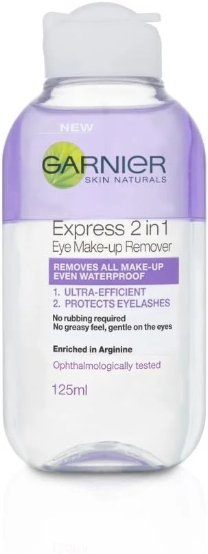 پاک کننده آرایش چشم 2 در 1 گارنیه Skin Active حجم 125 میلی لیتر، مناسب برای آرایش ضد آب، ملایم برای چشم ها و مژه ها، قابل استفاده با پدهای اکو میسلار قابل استفاده مجدد