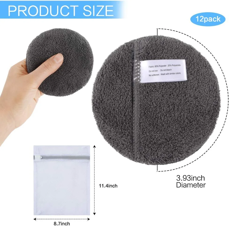 پدهای پاک کننده آرایش صورت، چشم و لب سانلند، دستکش های پاک کننده صورت میکروفیبر قابل شستشو با کیسه لباسشویی (گرد 4 اینچ 12 عددی، خاکستری تیره)