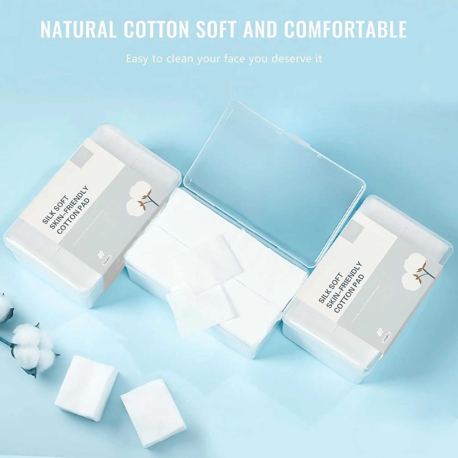 پدهای پنبه ای پاک کننده آرایش 1000 عددی، پدهای پنبه ای آرایشی مربعی غیر بافته شده طبیعی و لطیف