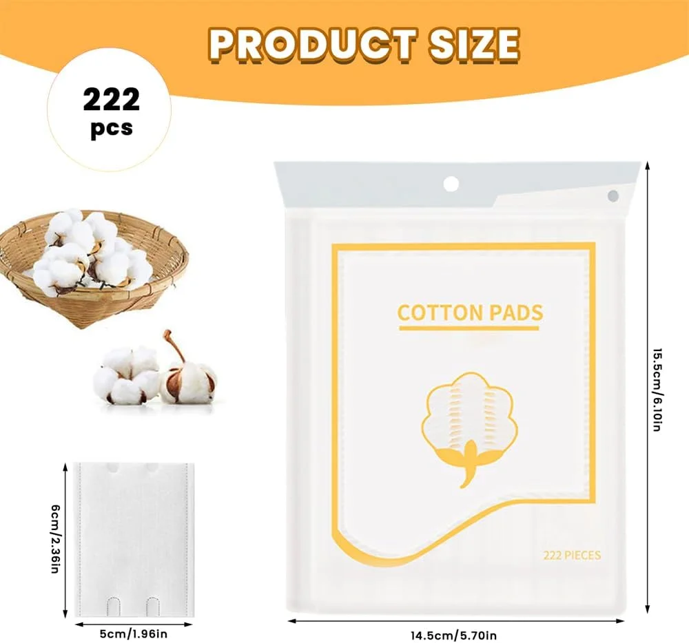 پدهای پنبه ای، پدهای پاک کننده آرایش صورت، لب و چشم، 100% پنبه نرم و بدون پرز برای پاک کردن آرایش، پدهای پنبه ای مربعی آرایش، پد پاک کننده صورت، ضد حساسیت، دو طرفه برای صرفه جویی در آب (222 عدد)