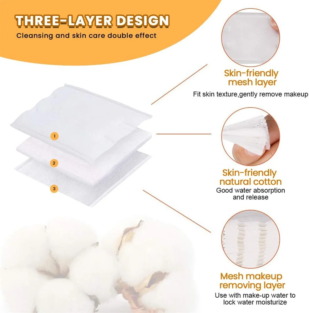 پدهای پنبه ای، پدهای پاک کننده آرایش صورت، لب و چشم، 100% پنبه نرم و بدون پرز برای پاک کردن آرایش، پدهای پنبه ای مربعی آرایش، پد پاک کننده صورت، ضد حساسیت، دو طرفه برای صرفه جویی در آب (222 عدد)